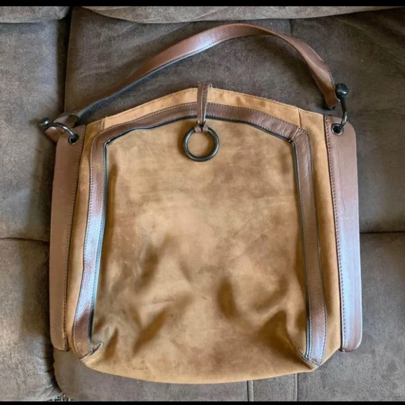 $500 BCBG MAXAZRIA SUEDE PURSE BCBG MAXAZRIA Faux Leather Grey Beige Shoulder Hobo Bag With  main image 3